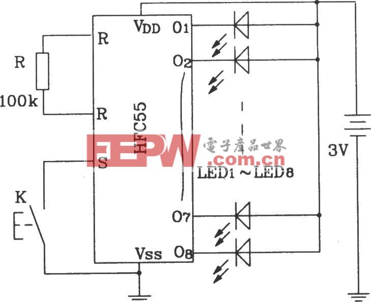 HFC55音响彩灯控制集成电路的典型应用电路图