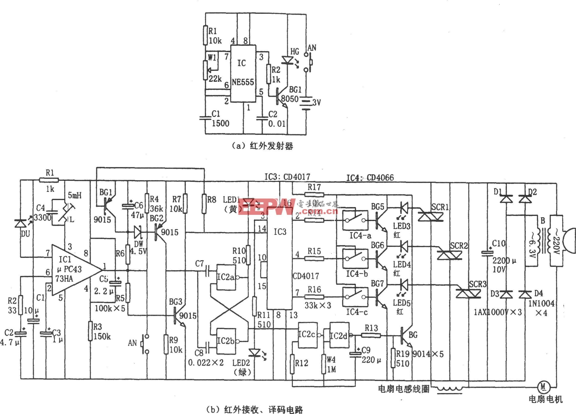 家用电扇红外遥控器(NE555、CD4017、CD4066)