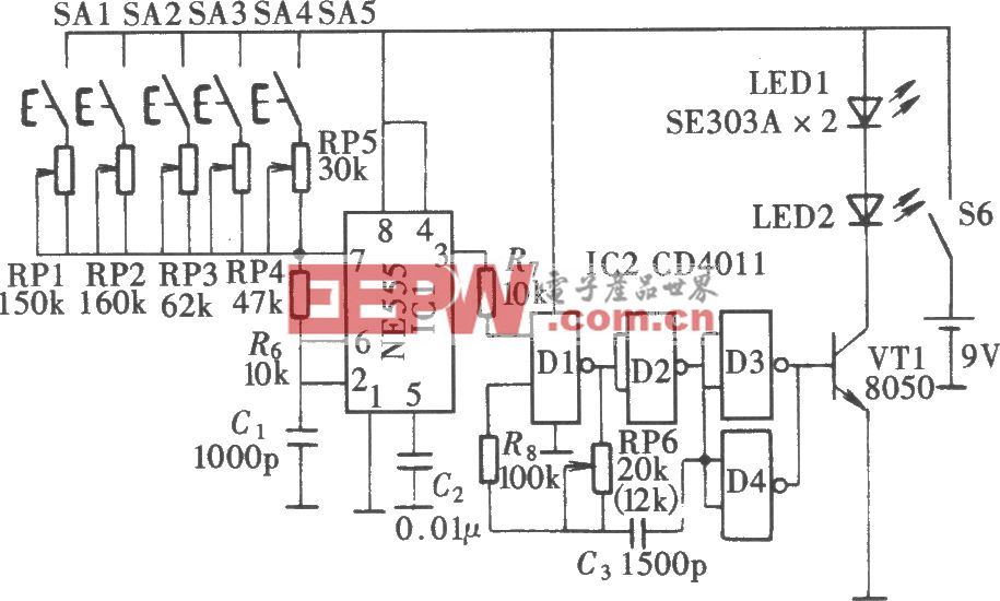 五通道音响设备红外遥控器(CX20106、NE555、CD4011、CD4017B)