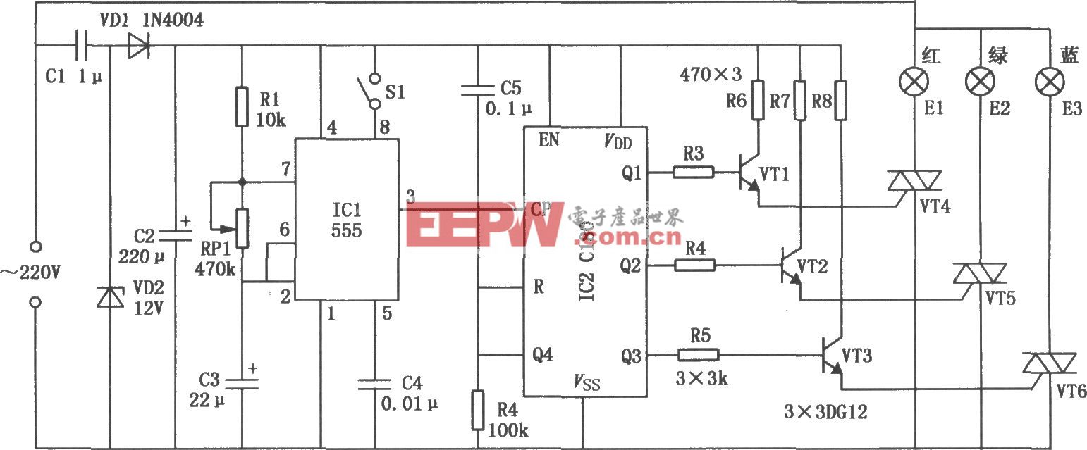 循环彩灯控制电路(555、C180)