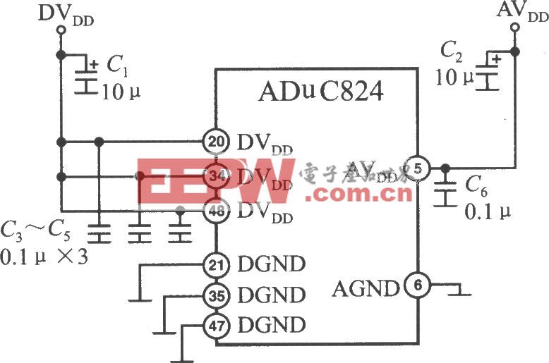 高精度單片數據采集系統ADuC824雙電源供電電路