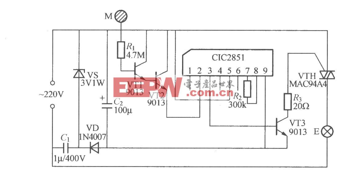 使用音樂(lè)IC(CIC8251)的觸摸式延遲燈電路