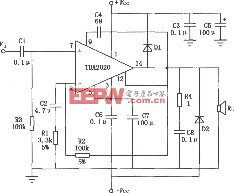 20W Hi—Fi音頻功率放大器TDA2020的典型應用電路