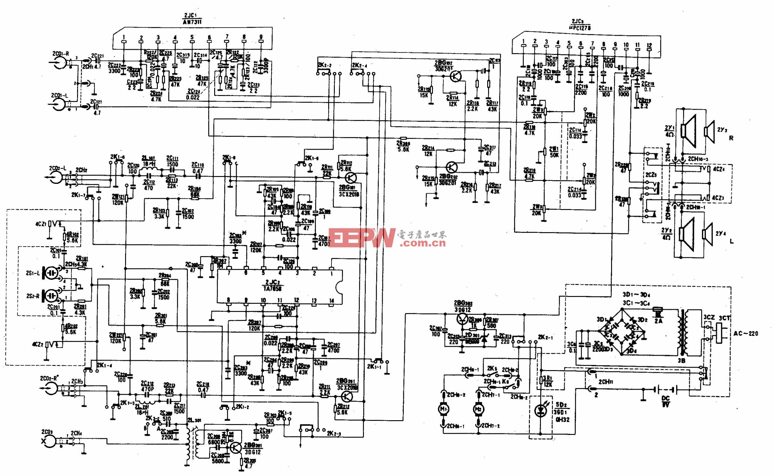 牡丹MB222型便携分箱式双卡立体声收录机电路原理图(一)