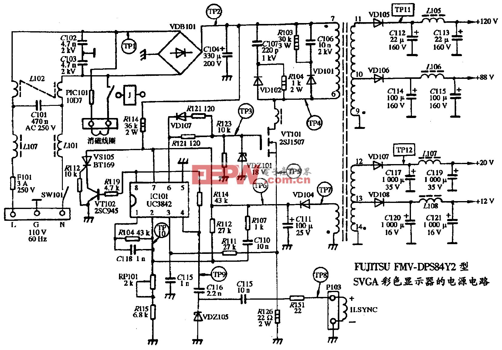 104、FUJITSU FMV-DPS84Y2型SGVA彩色顯示器的電源電路圖