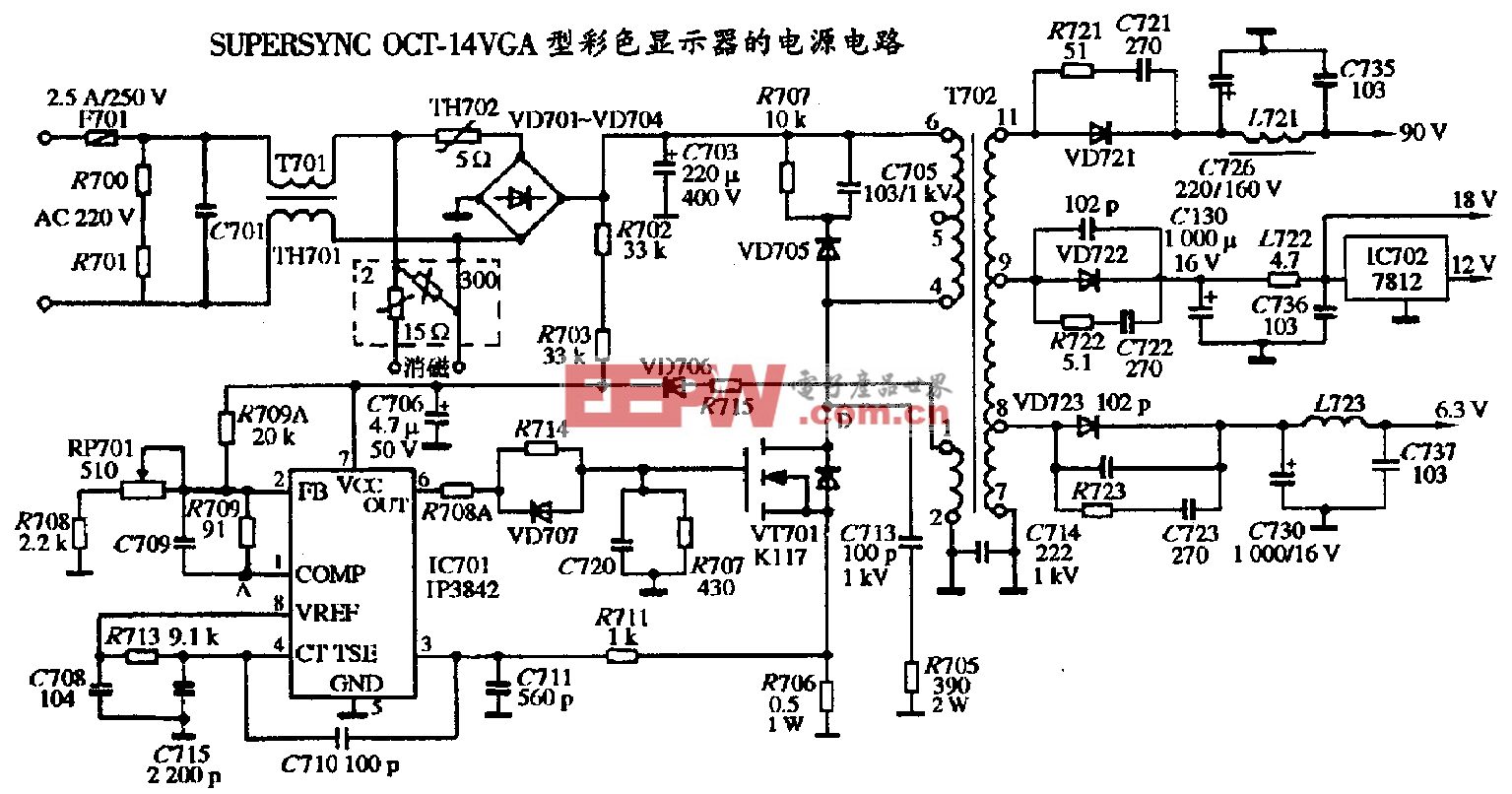 093、SUPERSYNC OCT-14VGA型彩色显示器的电源电路图