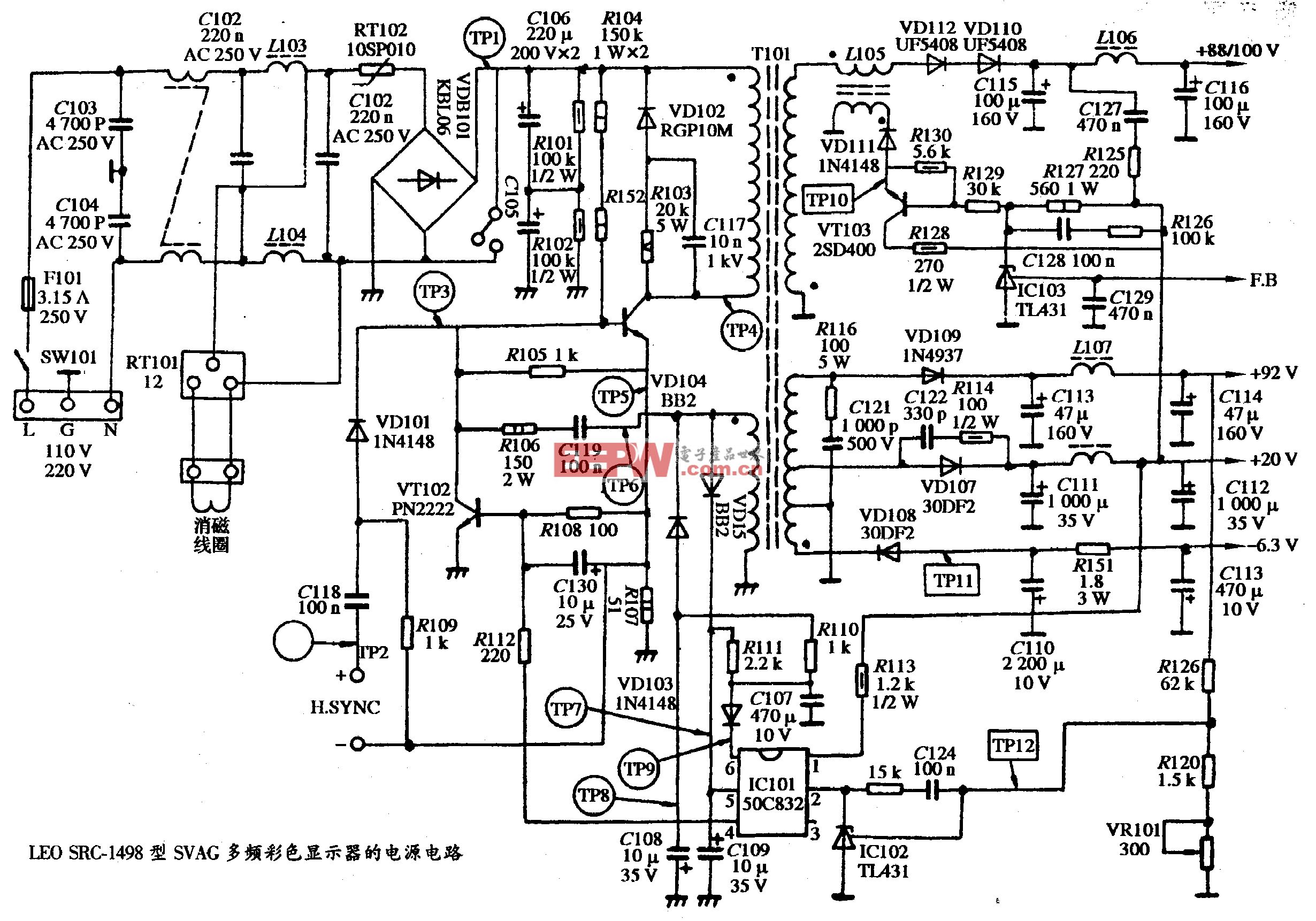 67、LEO SRC-1498型SVGA多频彩色显示器的电源电路图