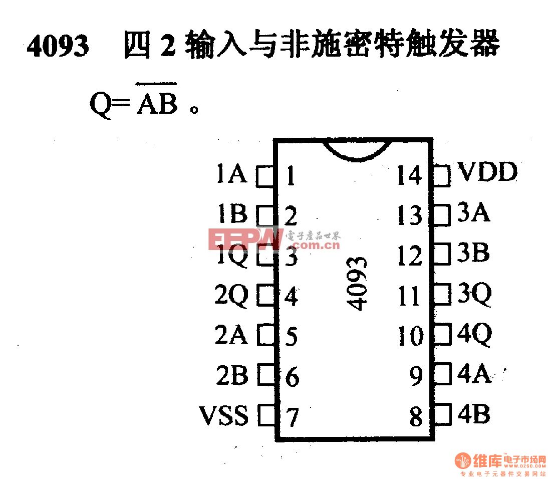 4000系列数字电路,4093四2输入与非施密特触发器