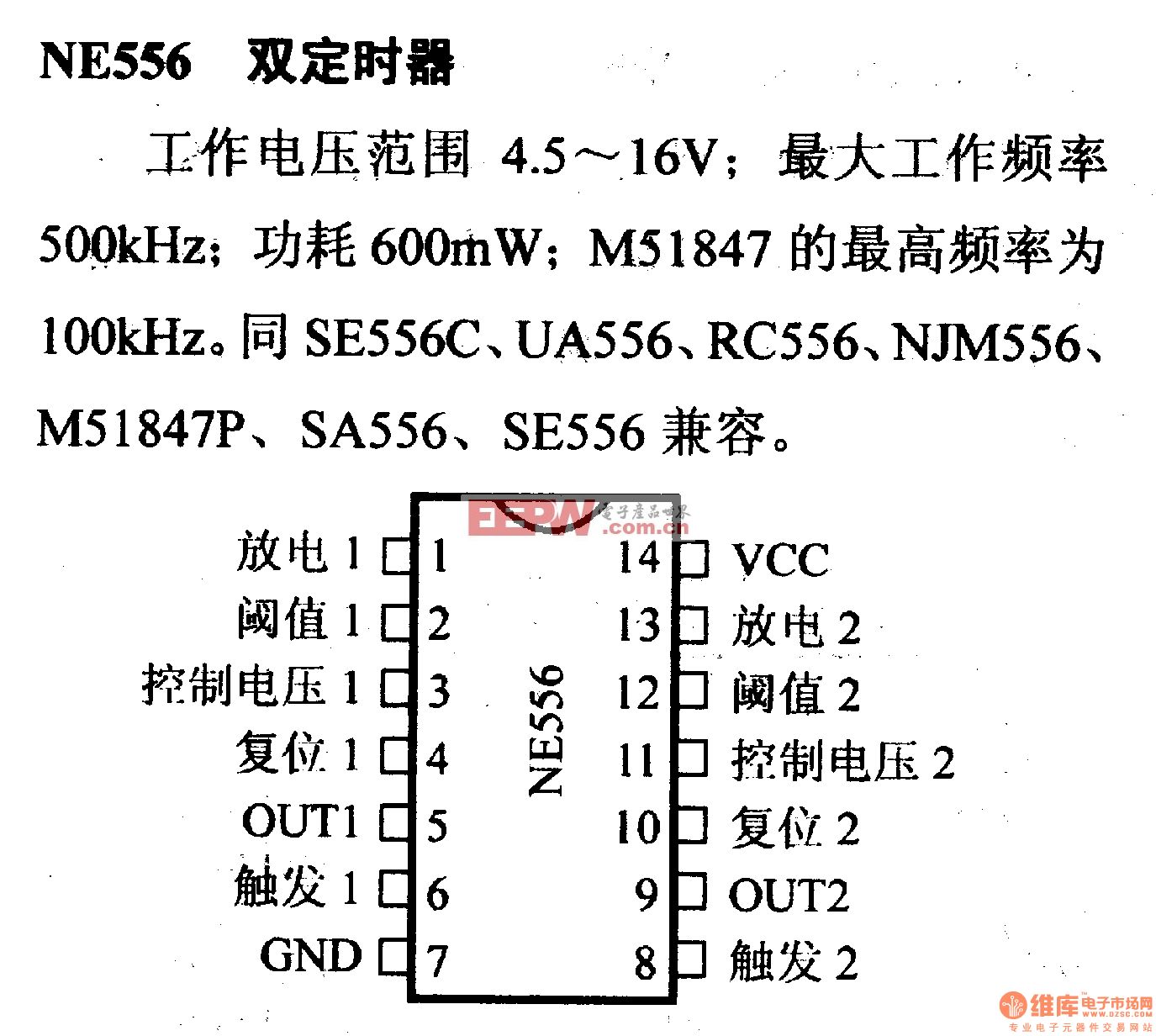 电路引脚及主要特性NE556 双定时器