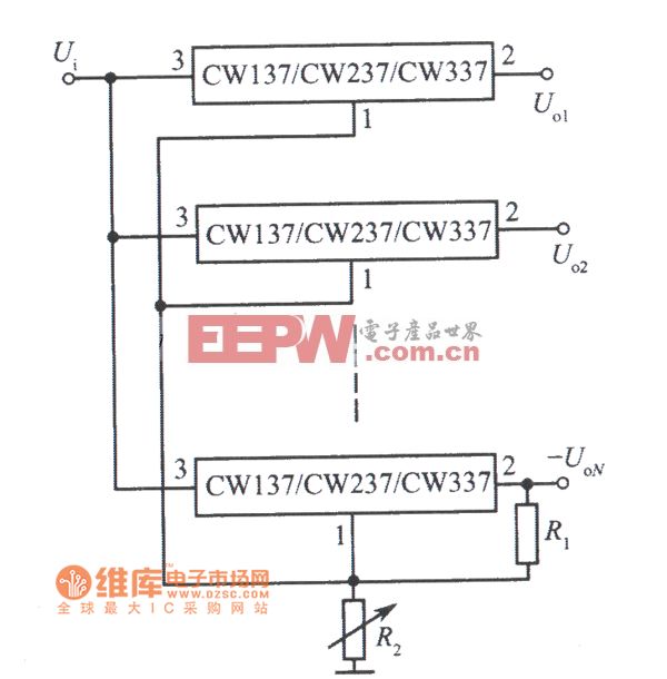 CW137组成的多路集中控制可调集成稳压电源电路图