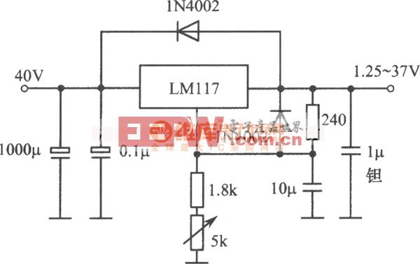 LM117构成的1.25～37V、1.5A可调稳压电源电路图