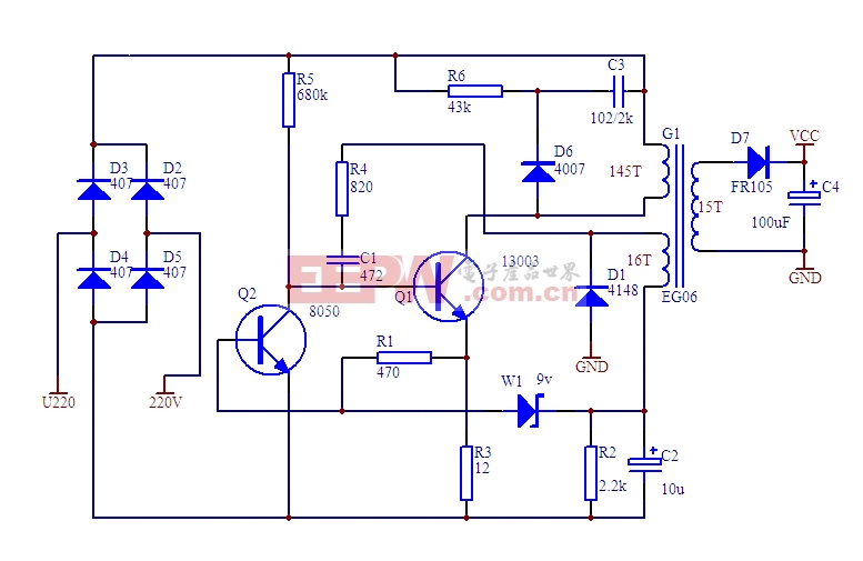 稳压微型开关电源(3W-10W电路图)