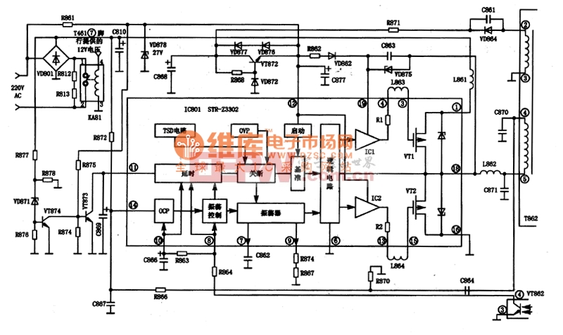 STR一Z3302集成块的内电路方框图及典型应用电路