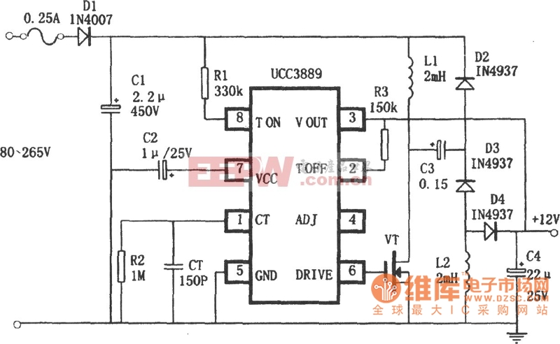 UCC3889组成的非隔离12V直流稳压电源电路图