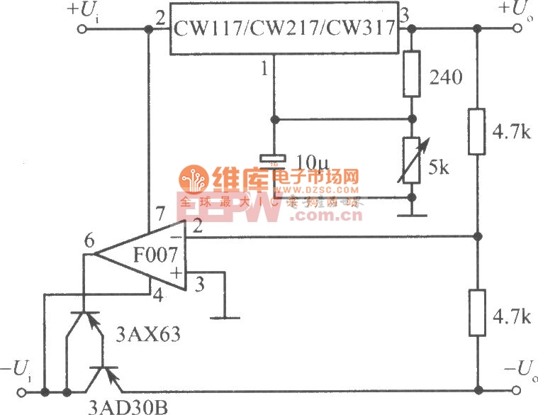 CW117／CW217／CW317构成正、负输出电压跟踪的集成稳压电源电路图之一
