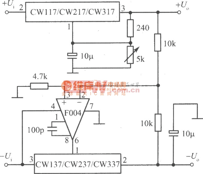 CW117／CW217／CW317构成正、负输出电压跟踪的集成稳压电源电路图之二 