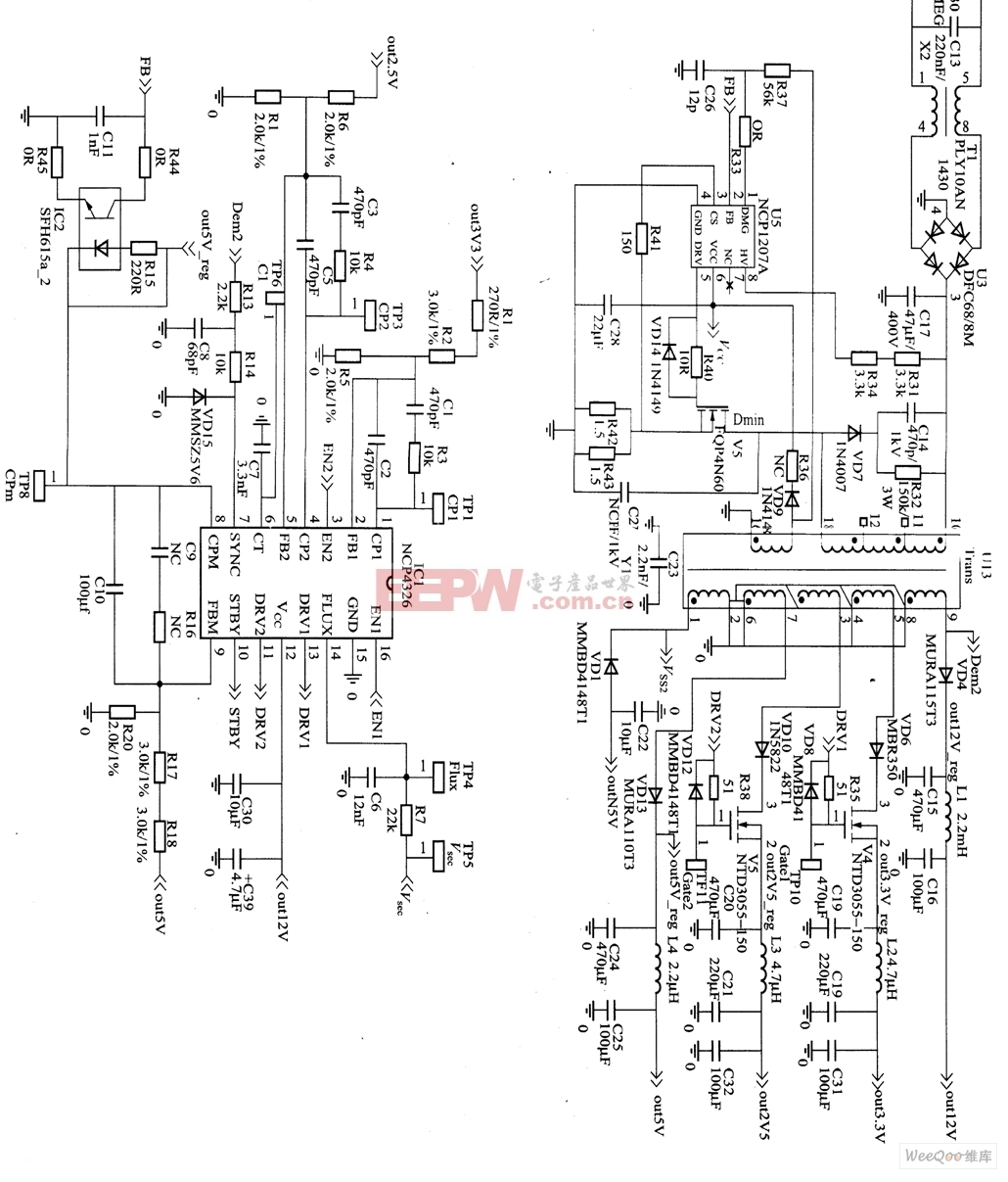 NCP4326和NCP1207组成的AC/DC多输出电路图