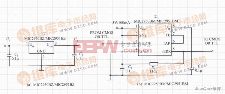MIC2950/MIC2951构成的固定输出的稳压电源电路