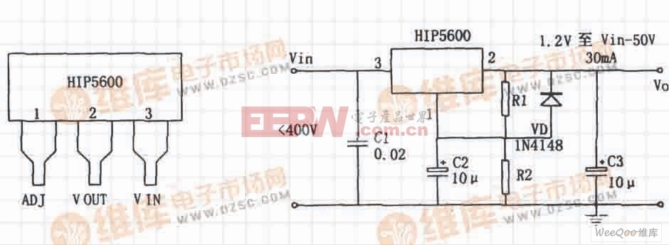 用高压线性稳压器HIP5600构成的小功率无变压器稳压电源