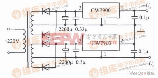 由CW7900构成的正、负输出电压集成稳压电源电路之一