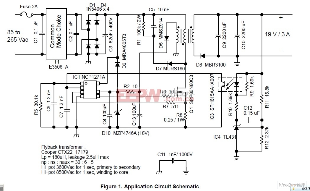 NCP1271设计19V输入AC-DC适配器电路图