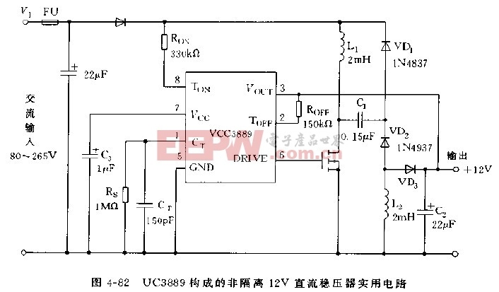 采用UCC3889构成的非隔离12V直流稳压器实用电路图
