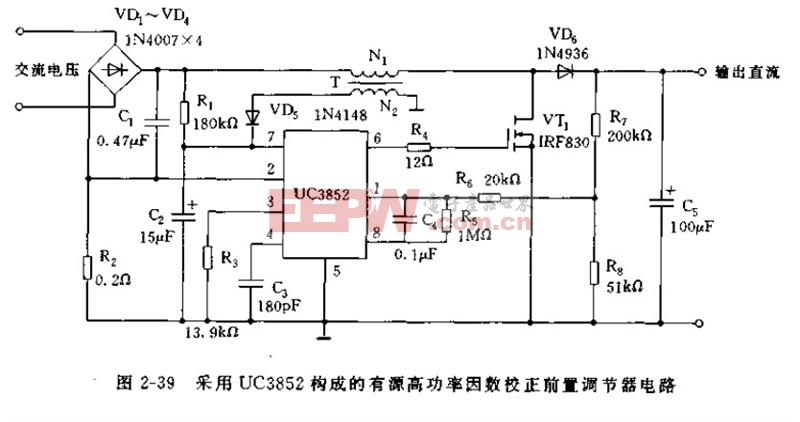 采用UC3852构成的有源高功率因数校正前置调节器电路