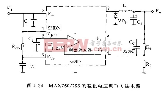MAX750/758的输出电压调节方法电路