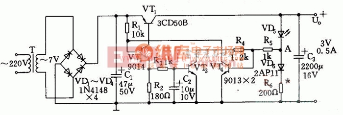 由晶体管构成的简易3v稳压电源电路