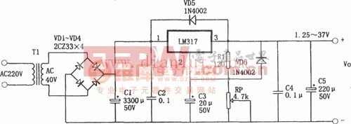 基于lm317构成的简易可调电源电路图