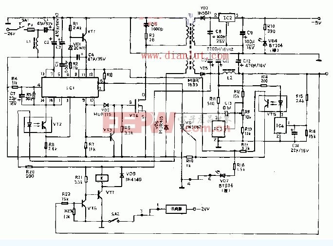 输出+5V/2.3A，-5V/0.3A的脉宽调制型开关稳压电源电路