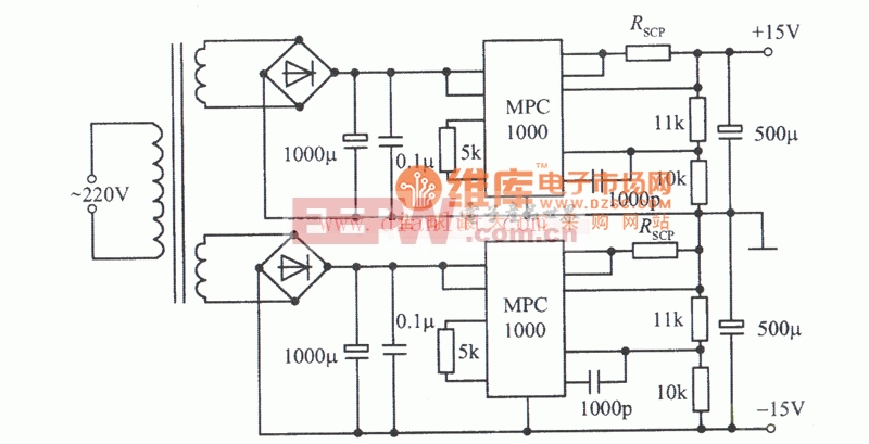 MPC1000构成的±15V、10A对称稳压电源电路