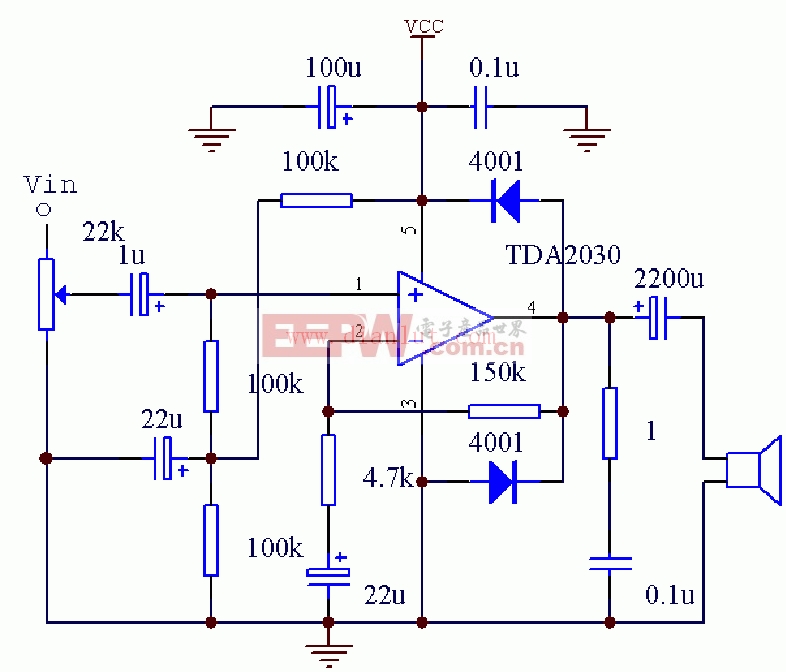 TDA2030的单电源接法电路原理图