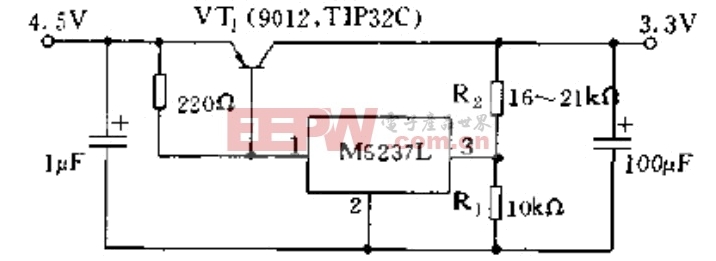 采用M5237L外接晶体管构成的输出1A/3.3V的稳压电源电路图
