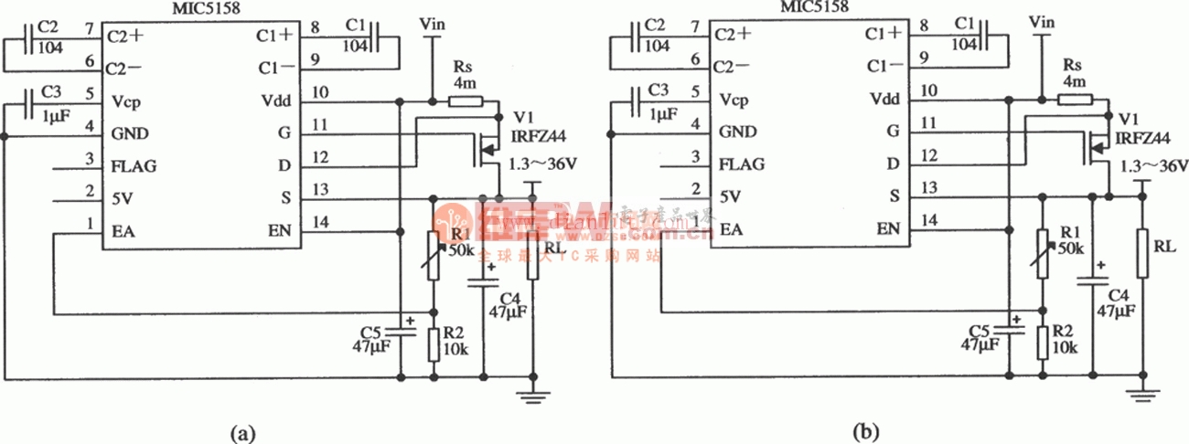 由MIC5158构成的输出电压可调的线性稳压器电路图