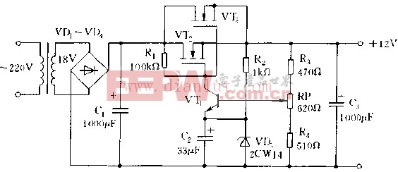 简单串联式线性稳压电源电路图