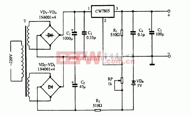 CW7805设计的0-15V可调稳压电源电路图