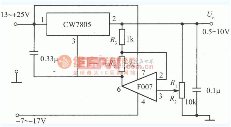 采用CW7805和F007构成的输出电压可调至0.5V的稳压电源