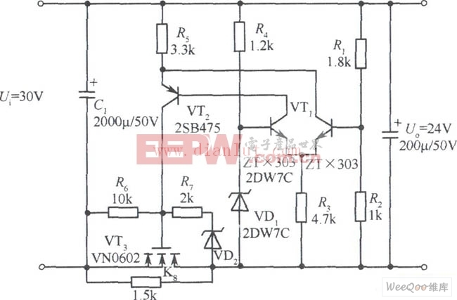 采用基本元件设计24V VMOS管稳压电源电路图