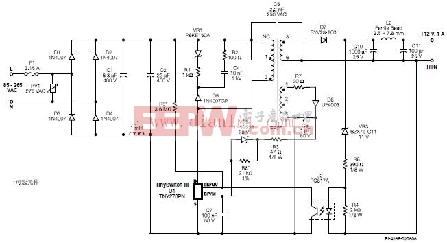 12W/12V/1A,85C265 VAC输入反激式电源电路原理图