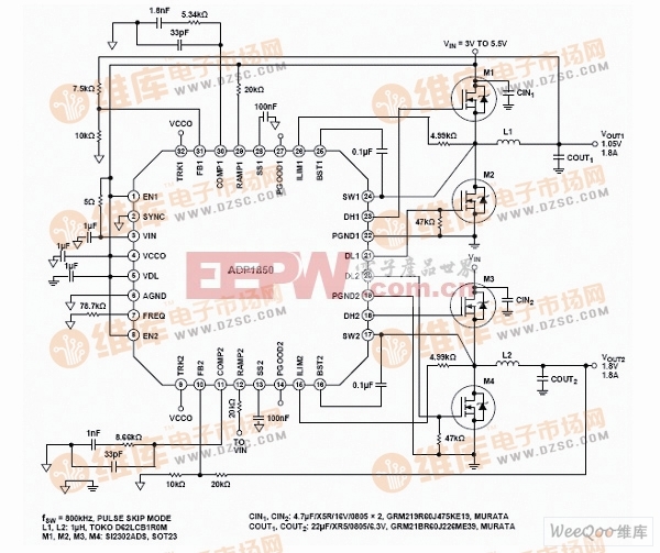 ADP1850 VIN<5.5V的典型低电流应用电路