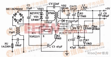 隔离式5V／0.8A输出精密开关电源电路原理图