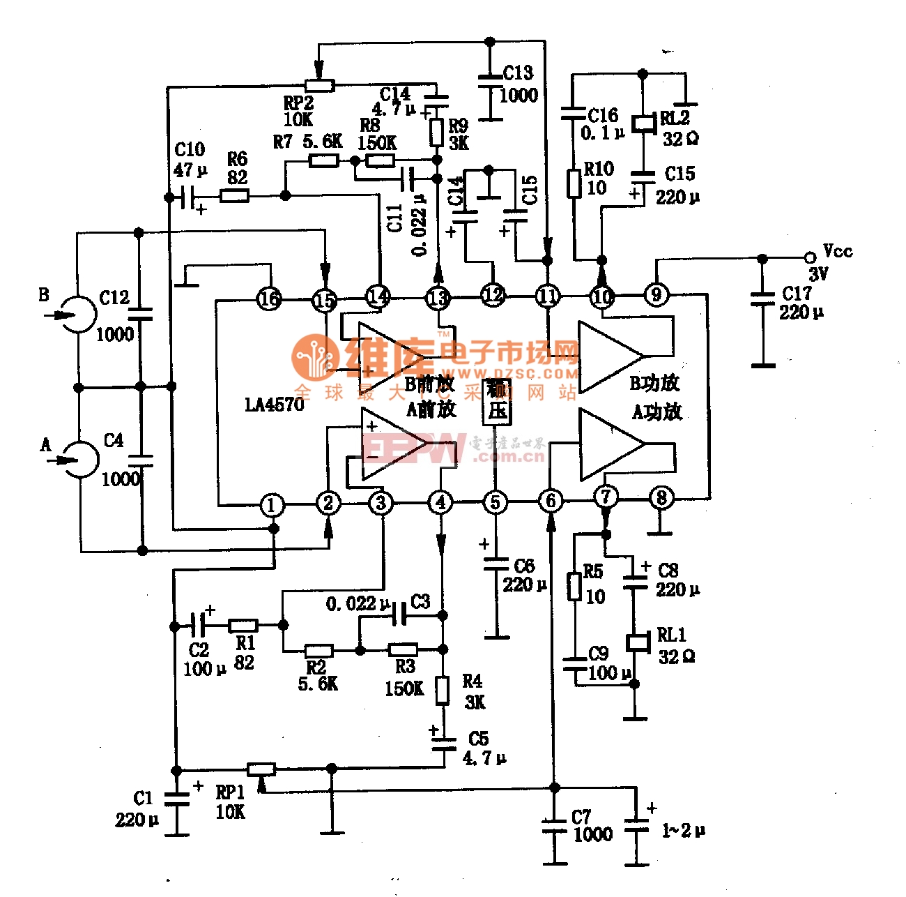 LA4570集成块的内电路方框图及典型应用电路