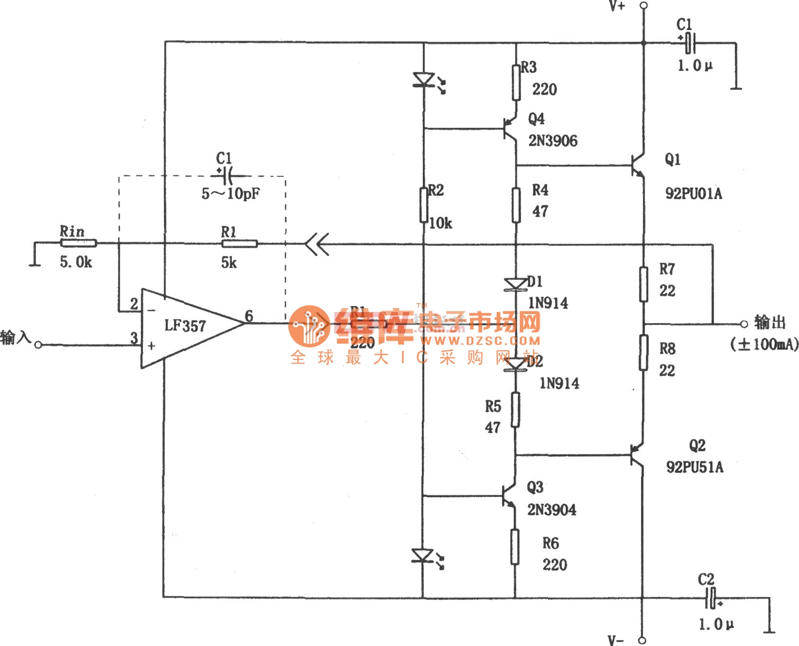±100mA输出电流缓冲器(LF357)电路图