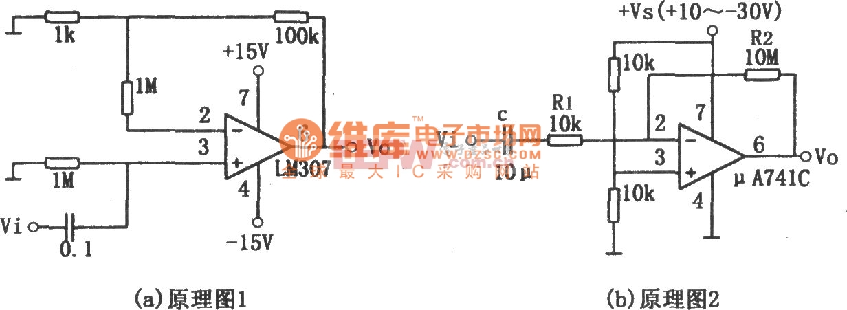 简单的音频放大器(LM307、μA741)电路图