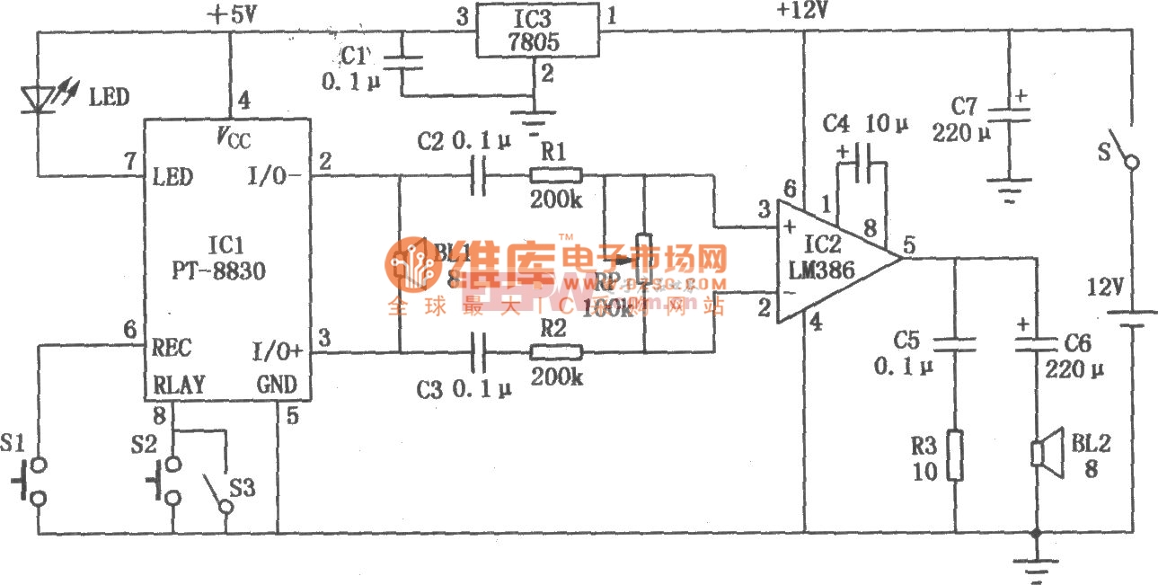 电子吆喝器(LM386、PT-8830)电路图