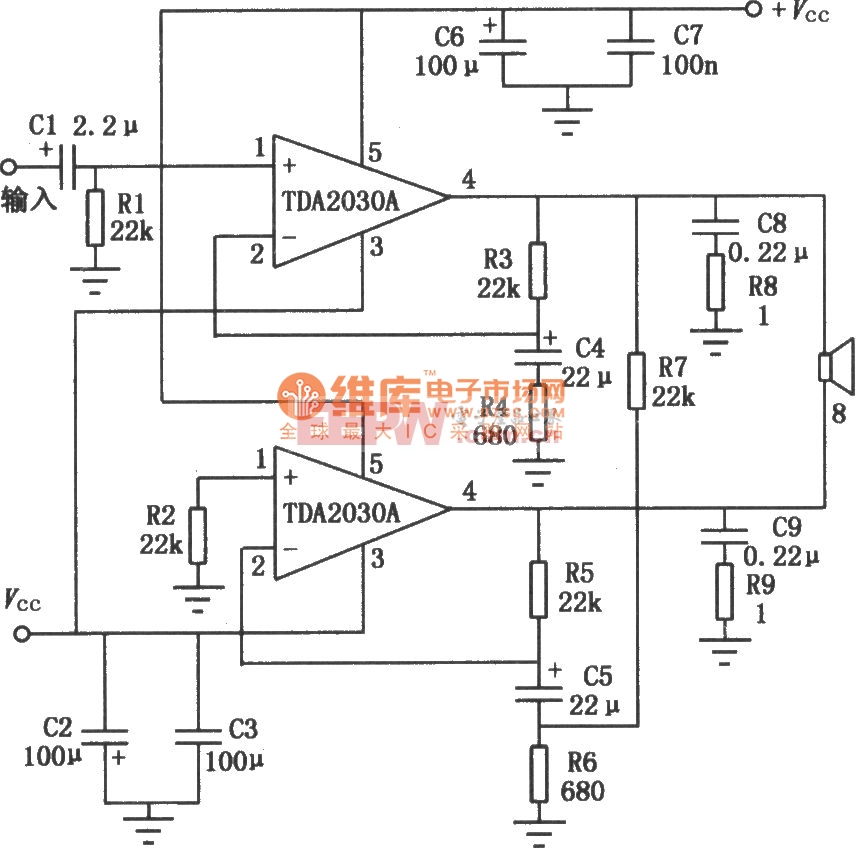 TDA2030A音频功率放大器的BTL应用电路图