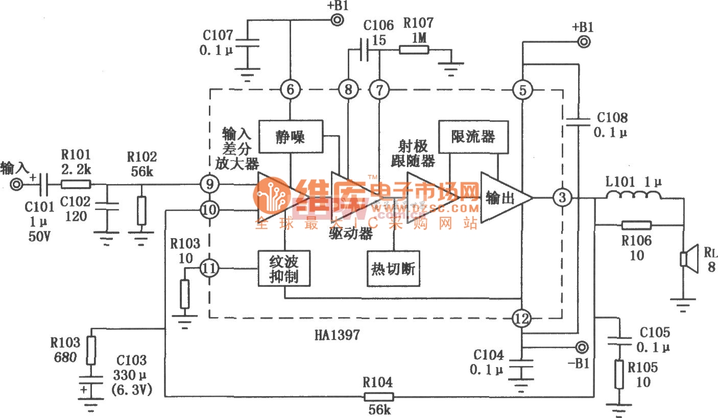 20W音频功率放大器HA1397的典型应用电路图