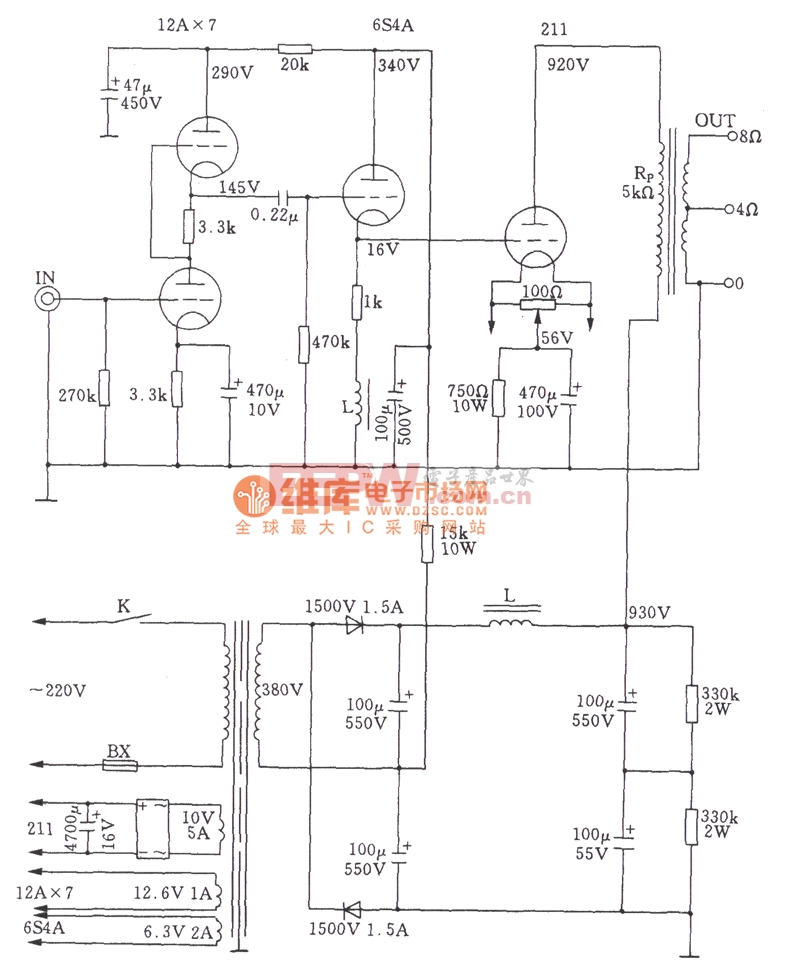 高功率电子管单端A类211功放电路图