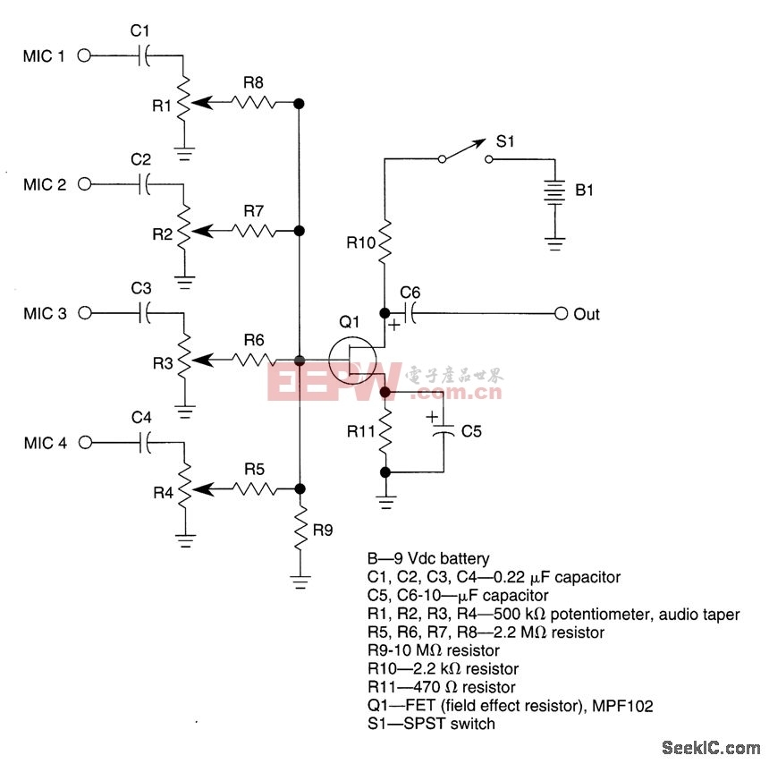 fet话筒混音器 -其他音频电路图-电子产品世界
